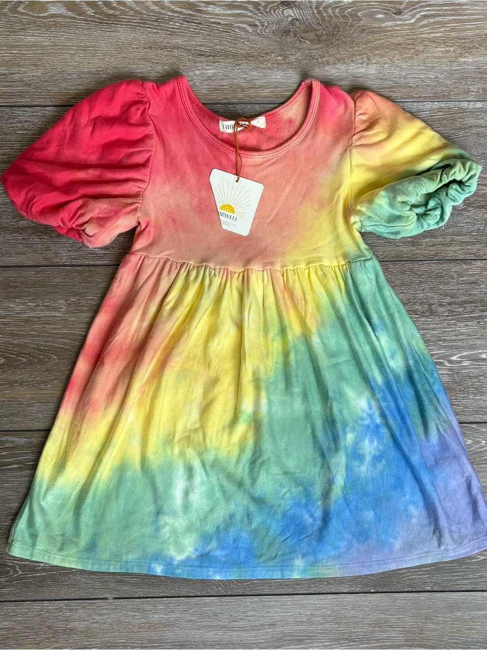 NWT Fairwell Rainbow Tie-Dye Puff Sleeve Dress